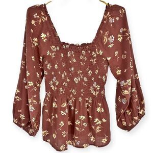 Madewell Floral Smocked Blouse in Brown